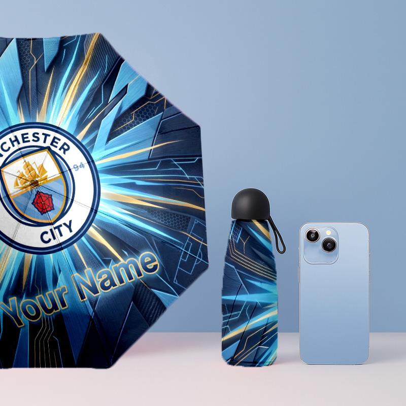 Manchester City Manual Five Fold 8 Rib Umbrella Support Custom Text, Lightweight Travel Umbrella
