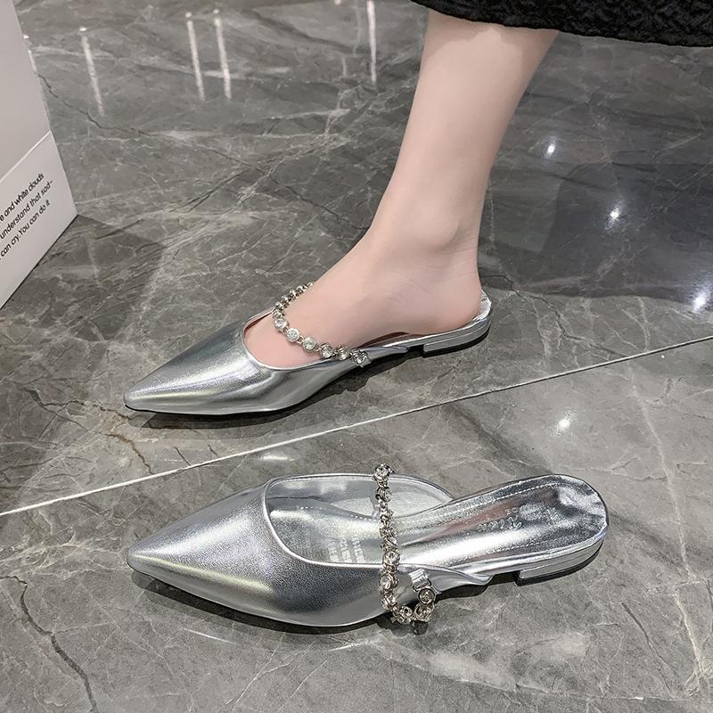 

Мода Новый Стиль Популярные Дизайны Роскошные Женские Мюли Элегантные Шлепанцы Низкий Каблук Сандалии Золотые Женские Тапочки Обувь с Острым Носком для Женщин 40 серебряный