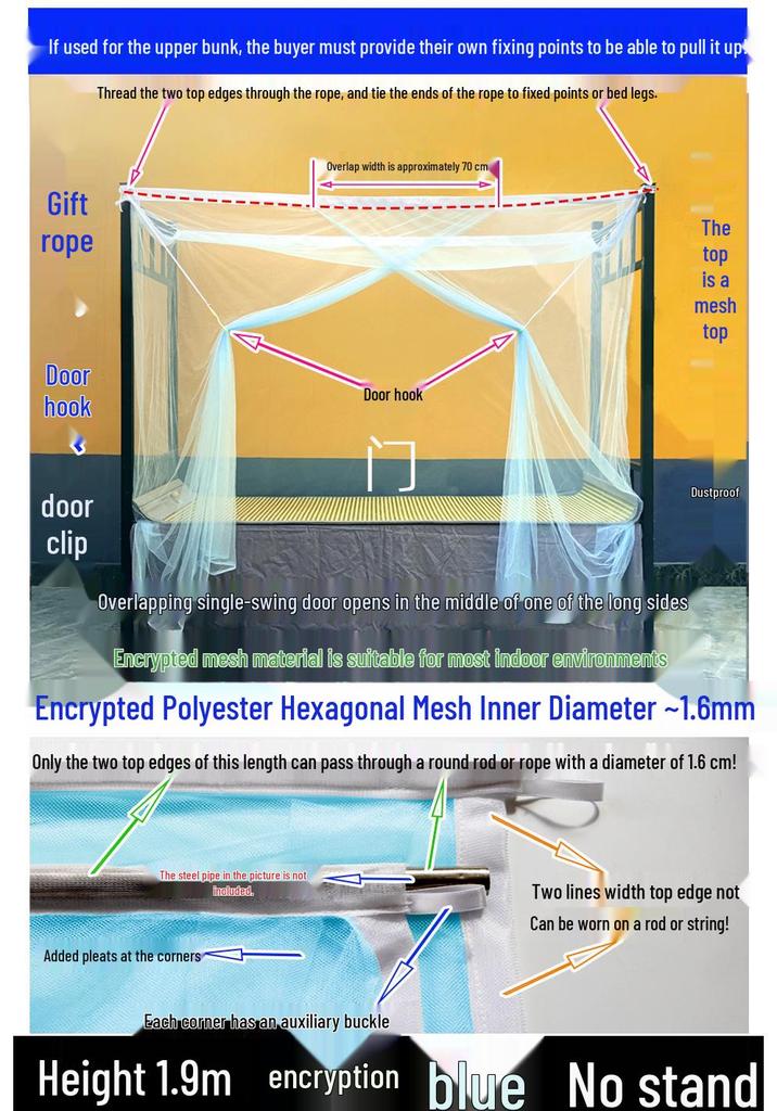 Free Shipping High-Density Mosquito Net for Dorm or Home, Single/Double Bed, with Hanging Rope and Extra Height