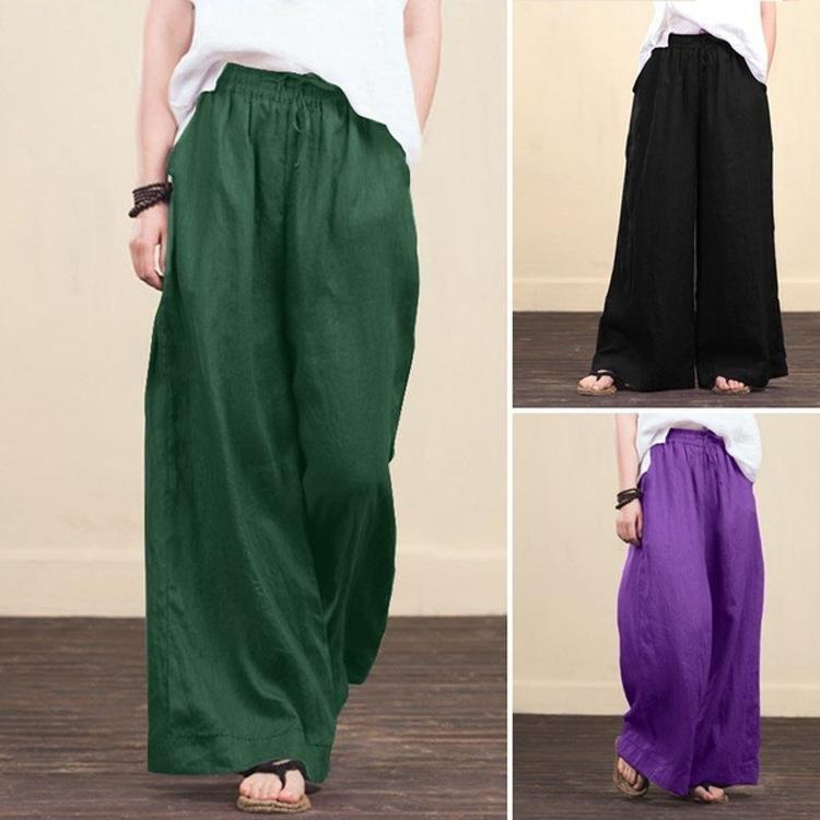 Fashion and Elegant Women Wide Leg Pants Loose Cotton Linen Trousers Casual Spring Summer Long Pants