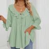 Women's Round Neck Tie Front Pleat Embellished Multi-Layered Loose Seven-Point Sleeve Tunic Shirt Top