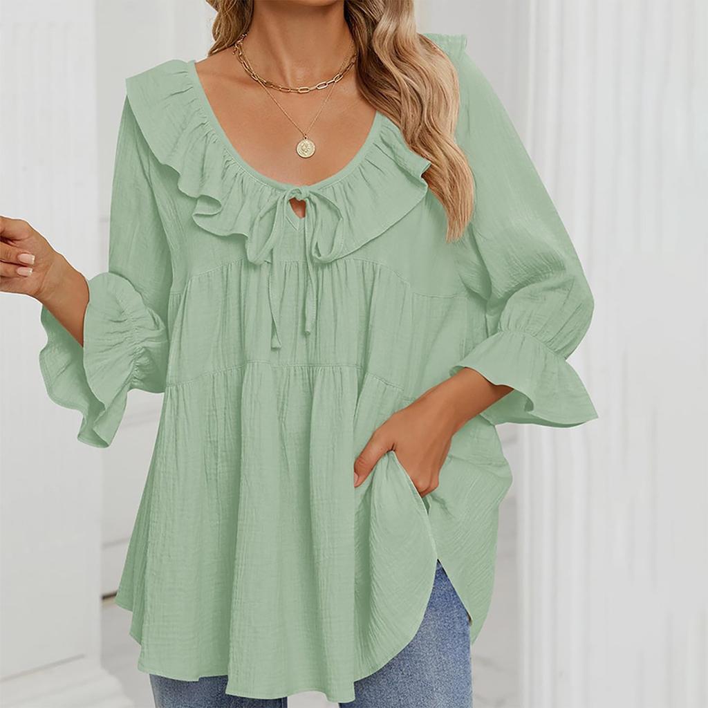 Damska tunika z okrągłym dekoltem, wiązaniem z przodu, plisą, zdobiona, wielowarstwowa, luźna, siedmiopunktowa, z rękawami