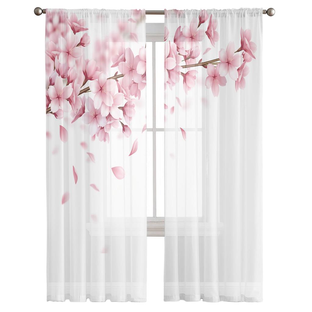 Pink Flower Cherry Blossoms White Tulle Curtains for Living Room Bedroom Decoration Chiffon Sheer Voile Kitchen Window Curtain