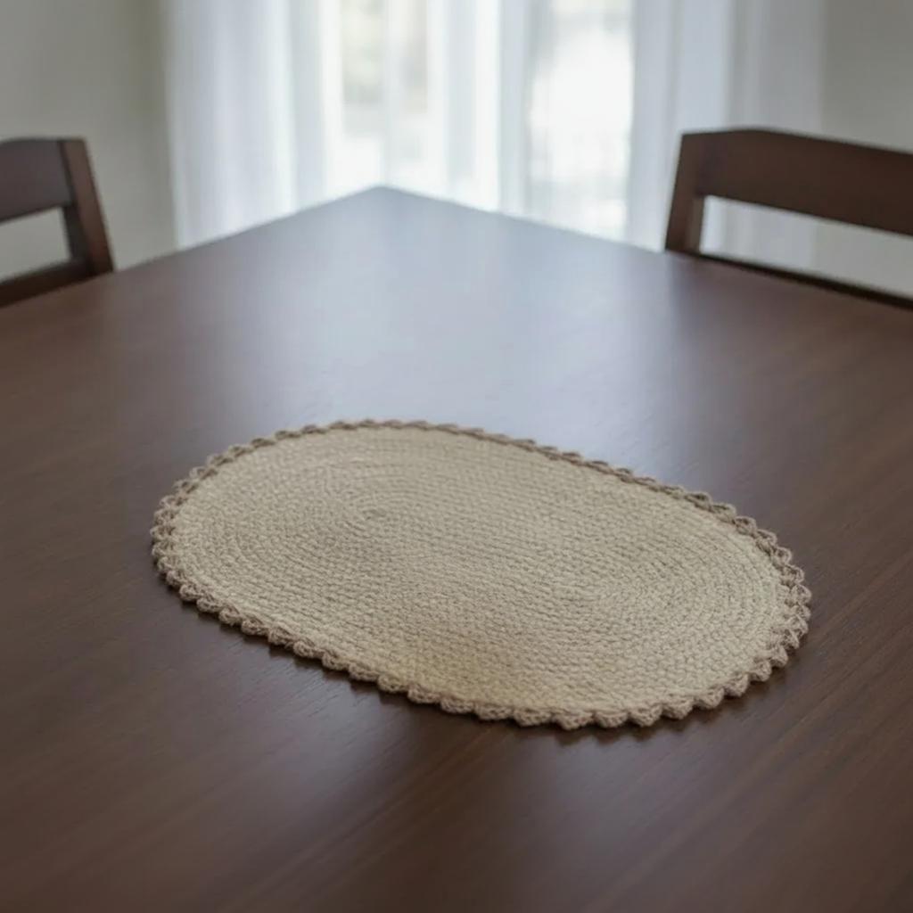 Oval Banana Fibre Placemat with Scalloped Crochet Border | Natural Woven Table Mat for Dining, Rustic Boho Kitchen Decor