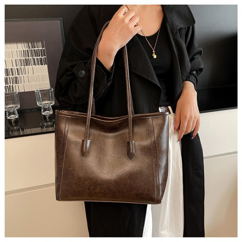 Vintage Large Capacity Faux Leather Tote Bag for Women, Chic Korean Style Commuter Shoulder Handbag, Soft Texture Fashion Work Bag