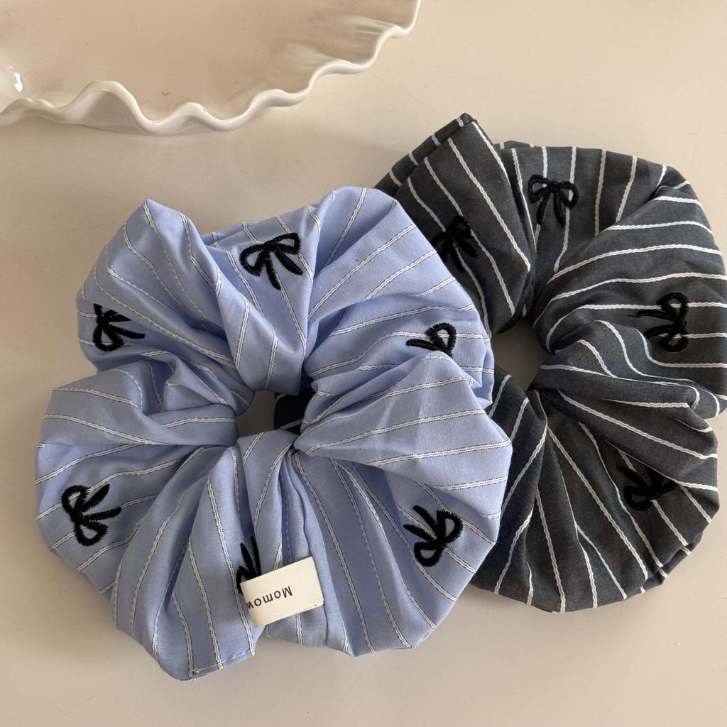 Fresh Blue Embroidered Bow Striped Elastic Hair Band Sweet Fashion Ponytail Headdress Textured Hair Accessories