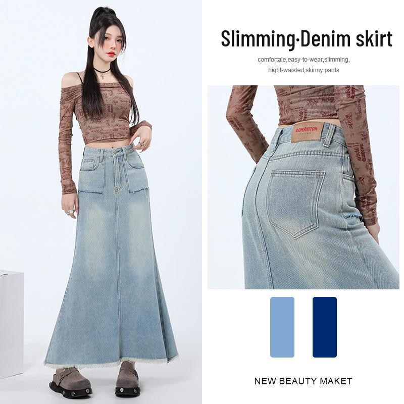 

Women s High-Waisted Denim Fishtail Midi Skirt - Vintage Style, Raw Hem, Spring 2025 L