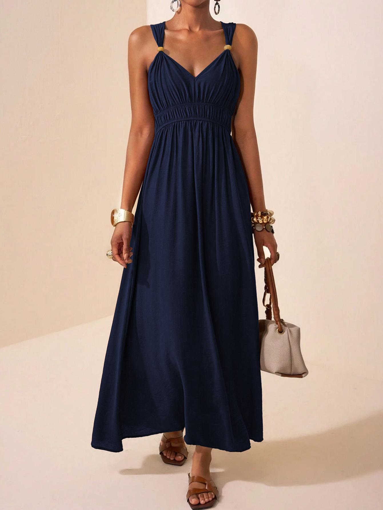 Summer V-Neck Sleeveless Solid Color Maxi Dress L
