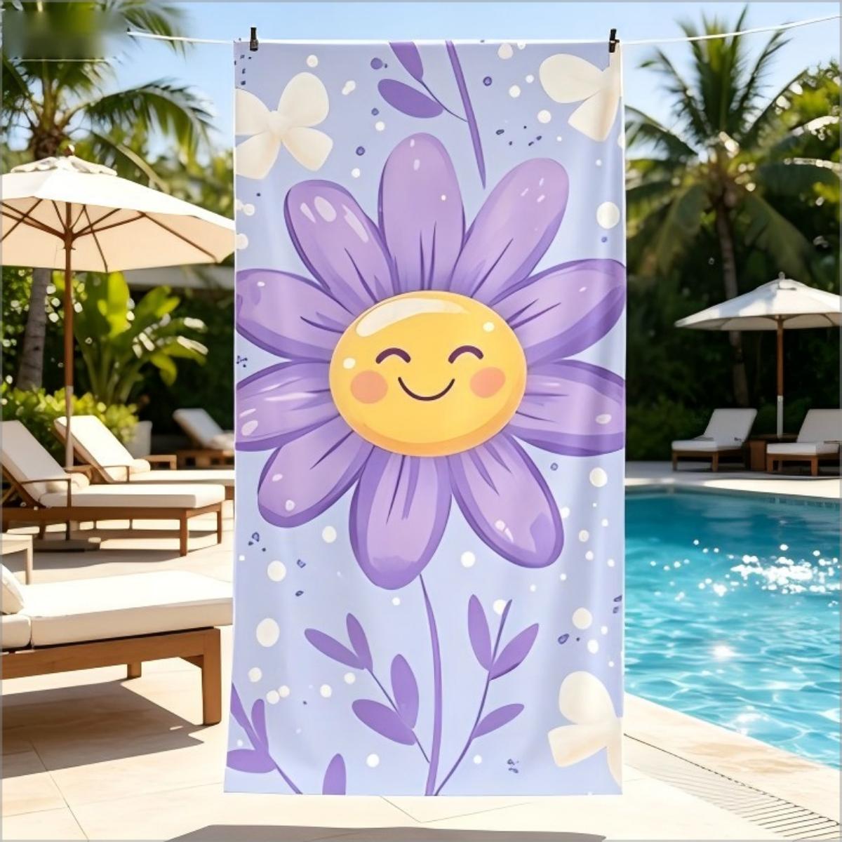 

Cute Purple Daisy Smile Face Beach Towel Kawaii Floral Print Towel for Summer Pool Swimming Yoga Vacation W40*H60(CM)