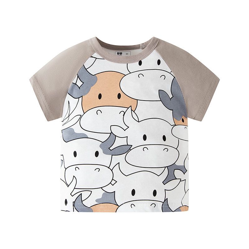 Children s Short Sleeve Top Boys  Cotton T-shirt Raglan Sleeve Summer Full Printed Cow Clothes Baby Girl Undershirt Children s Clothing Dt8272 Silver Gray Sleeves 130