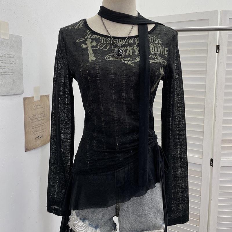 

VAYLA Гранж Эстетика Вязаные Топы Трэшовый Y2k Принт Граффити Футболка Винтаж Панк Необычный Пэчворк Трикотаж Хай Стрит ONE SIZE чёрный