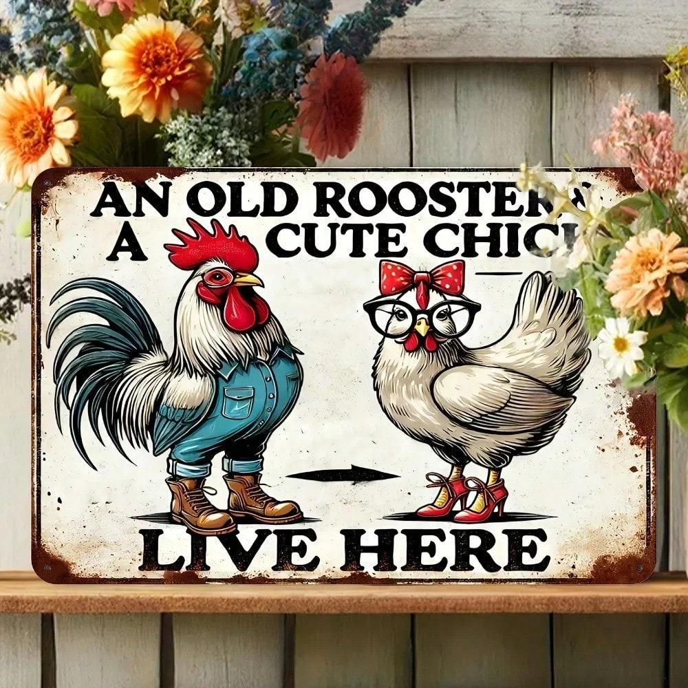 Vintage Metal Sign Old Rooster Cute Chick Rustic Farmhouse Wall Art Home Decor