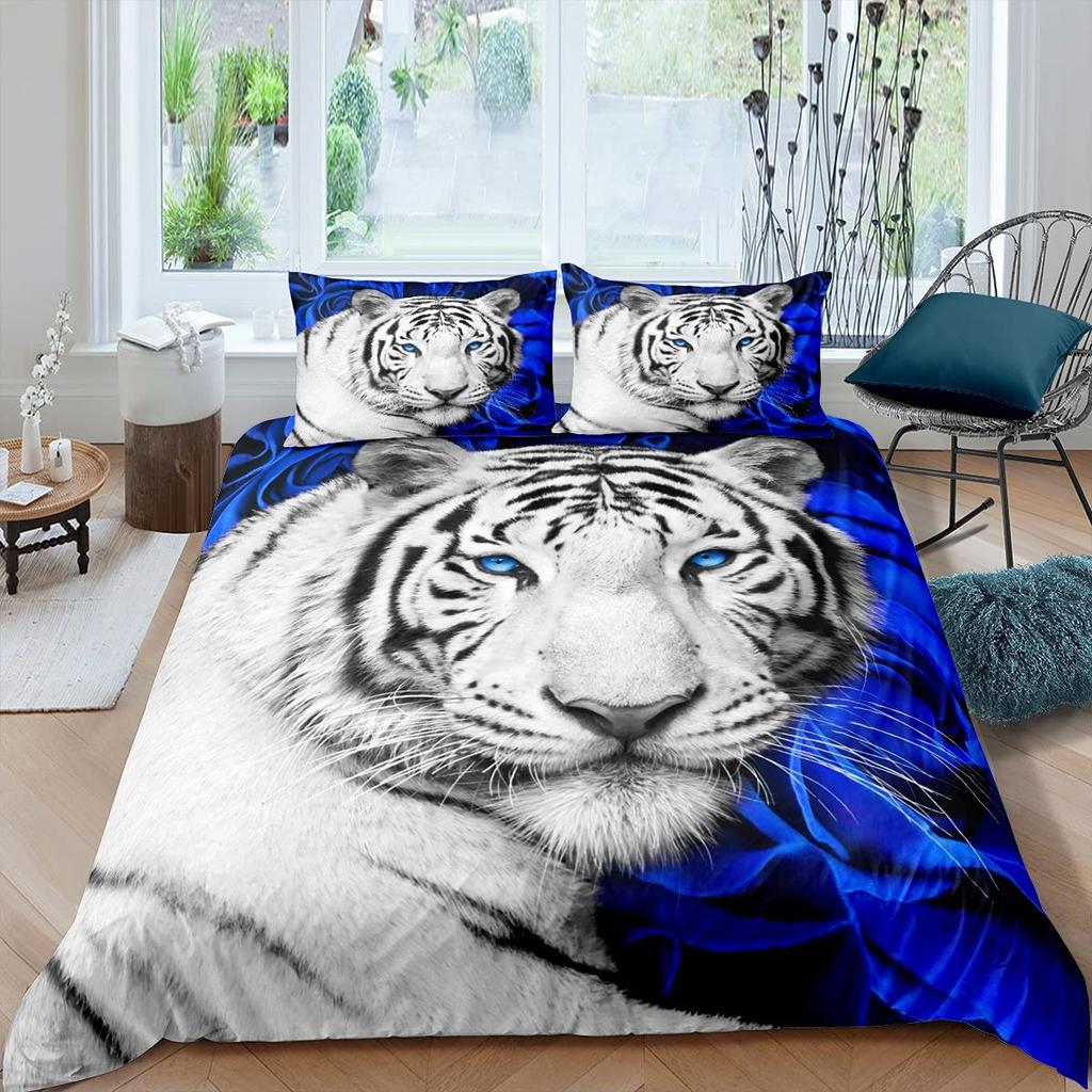 White Tiger Duvet Cover Set Queen Size Wildlife Comforter Covers Animal Print Bedding Set For Boys Girls Kids Art Bedroom Decor