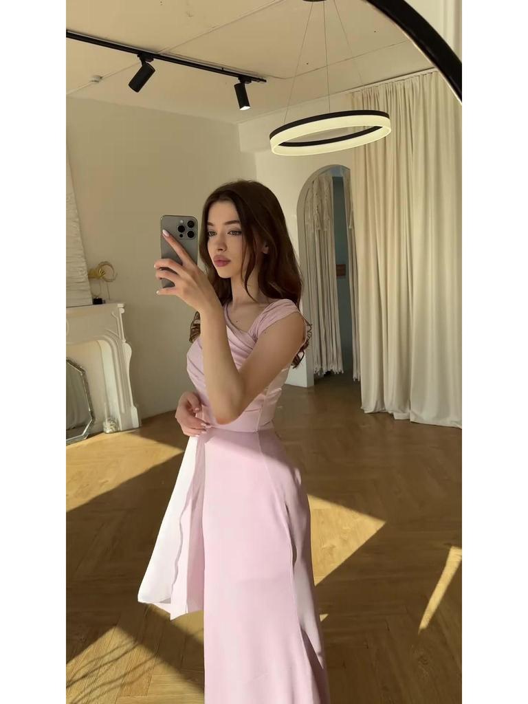 Luxury Spring 2025 Long Sleeve Silky Flowing Slim Fit Dress for Women