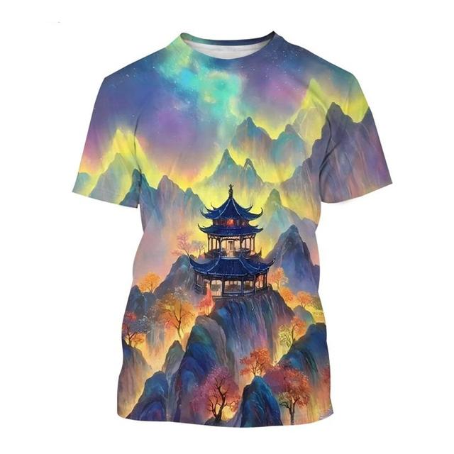 Landscape 3D Printed T-shirt Scenery Painting Art T Shirt For Men Fashion Round Neck Short-sleeved Casual Summer Tees Tops
