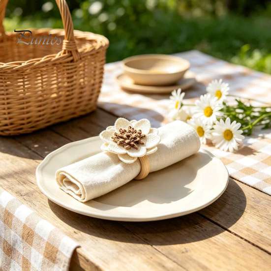 Pastoral Style Table Decor 6Pcs Linen Flower Napkin Rings, Wooden Ring Rustic Holders, Holiday Party Buckles Farmhouse Rings for Wedding Bridal Shower