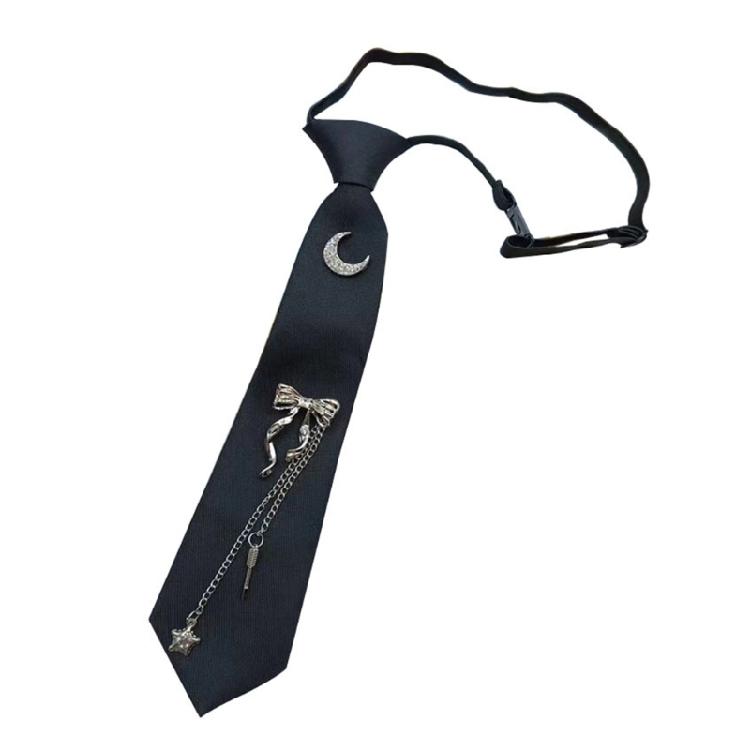 

Student Black Necktie with Tassels Metal Moon Bowknot Charm Aesthetic Punk Preppy Uniform Pre Tied Neck Tie Neckwear 1