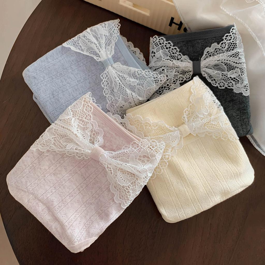 Girl Spring and Autumn Lace Bow Pure Cotton Breathable Skin Friendly Middle Waist Triangle Briefs