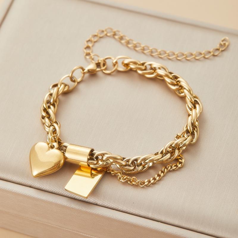 

Punk Thick Chain Gold Color Chunky Stainless Steel Bracelets for Women Fashion Design Heart Love Pendant Wrist Zircon Gift
