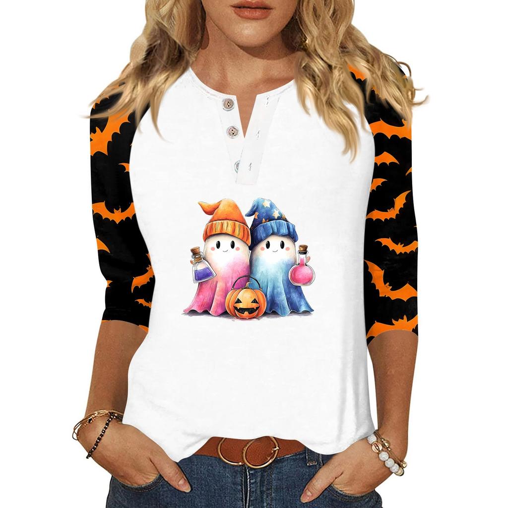 Damen-T-Shirt mit Halloween-Aufdruck und Knopfleiste, 3/4-Ärmel, modisch für den Alltag und das Wochenende, Basic, V-Ausschnitt, normales Oberteil
