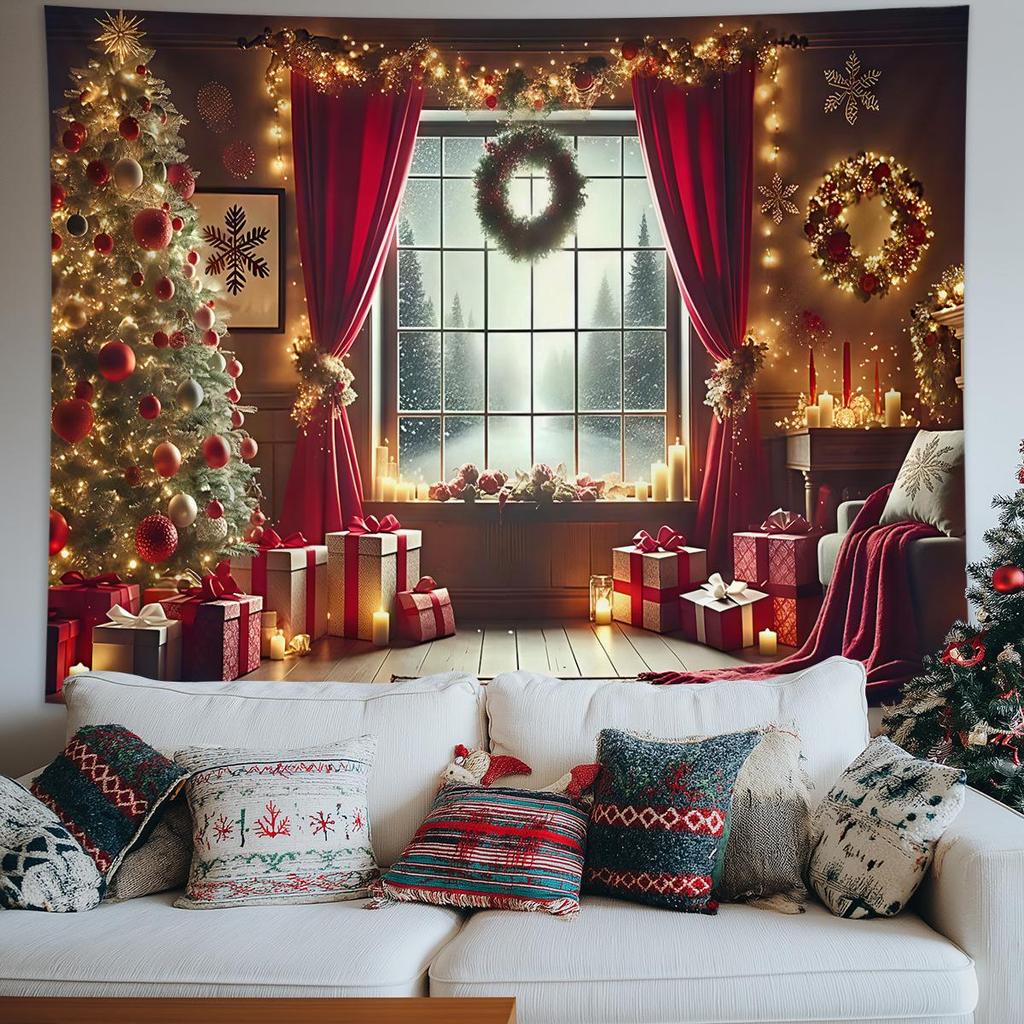 Christmas Tapestry Fairy Lights Christmas Tree Snowy Window Scene Red Curtains Christmas Event Backdrop Background Cloth