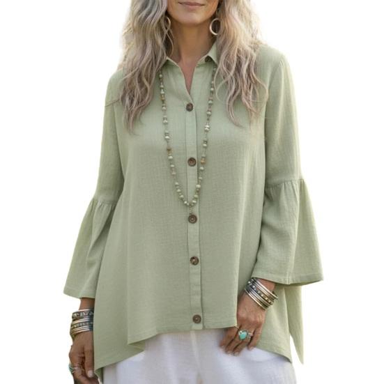 

Women s Bell Sleeve Button Down T Shirt Collared Long Sleeve Top Fall Spring Casual Loose Chiffon Blouses L світло-зелений колір
