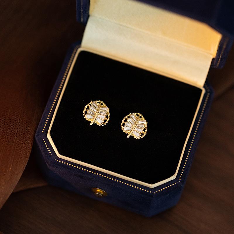Silver Needle Rhinestone Leaf Stud Earrings - French Court Style, Luxury & Versatile Design for Women