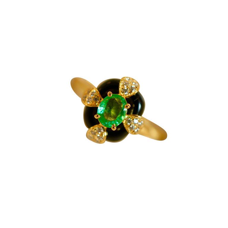 French Retro Black Agate-Style Emerald Open Ring