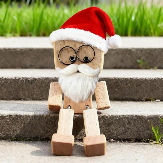 1 Set Christmas Shaking Wooden Man Wood Block Man Figurine with Shaking Legs 12 Magnetic Expressions Handmade Funny Santa Figurine