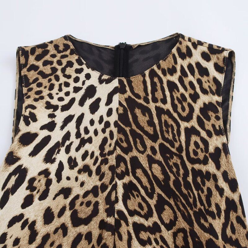 Fashion Style 2024 Autumn New Women's Leopard Print Sleeveless Silk Satin Texture Mid Length Long Length Dress 8404002