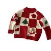 Kids Red Round Neck Knit Sweater with Bear Print for Autumn Winter Christmas