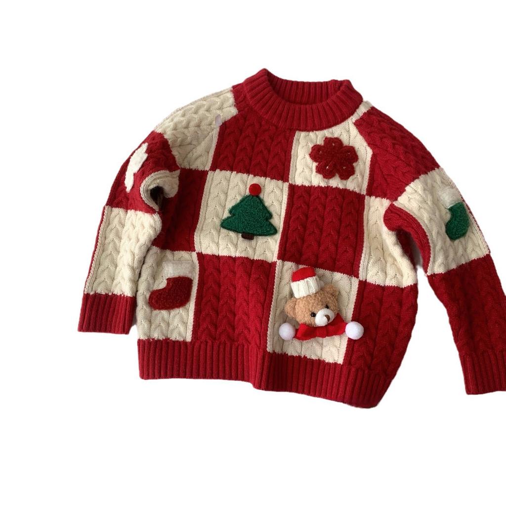 Kids Red Round Neck Knit Sweater with Bear Print for Autumn Winter Christmas