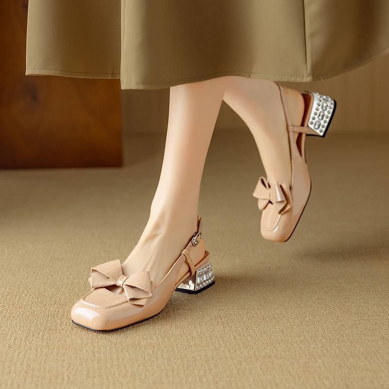 Krazing Pot Sheepskin Cow Skin Summer Size 40 Med Heels Butterfly-knot Decoration Square Toe Slingback Wedding Pumps