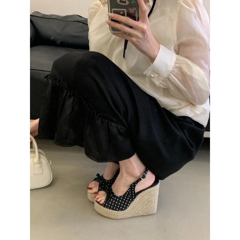 Aneikeh Summer Thick Soled Grass Woven High Heels Casual Retro Roman Sandals Polka Butterfly-kont Wedge Platform Woman Sandals