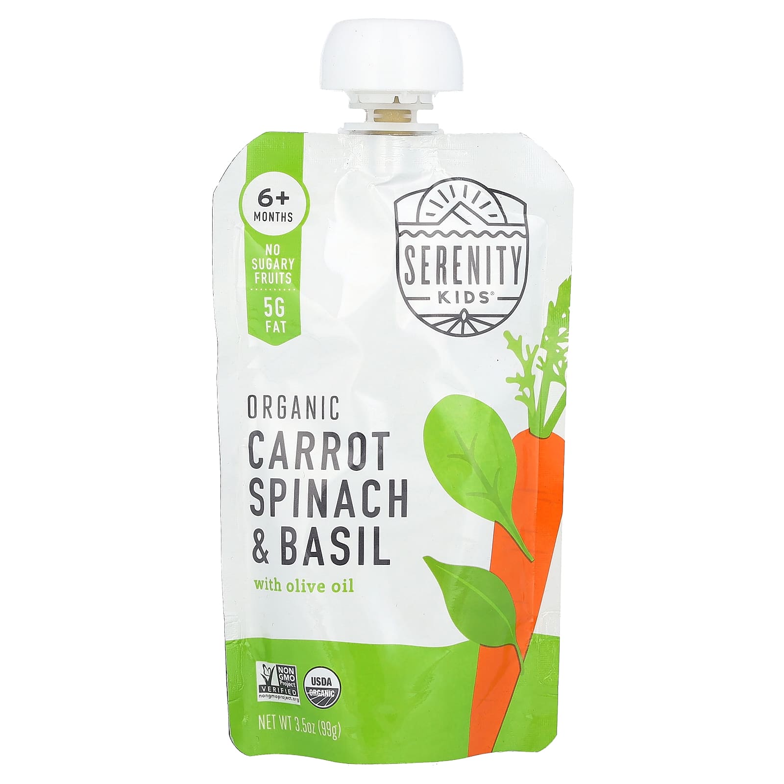 

Serenity Kids, с органической морковью, шпинатом и базиликом, оливковым маслом, для детей от 6 месяцев, 99 г (3,5 унции)