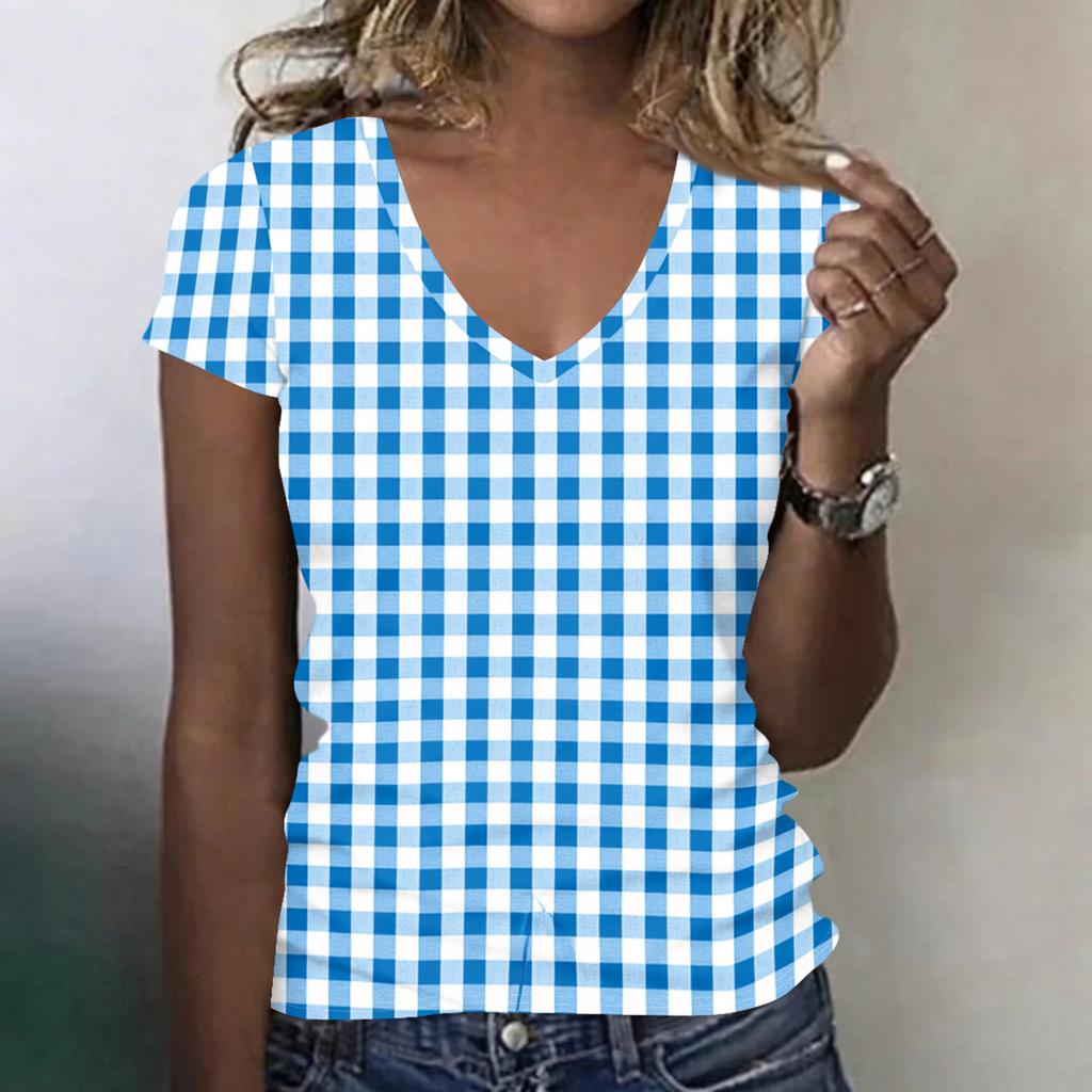 Women’s Fashionable Casual V-neck Short-sleeved Check Print Slim-fit Lightweight T-shirt Top