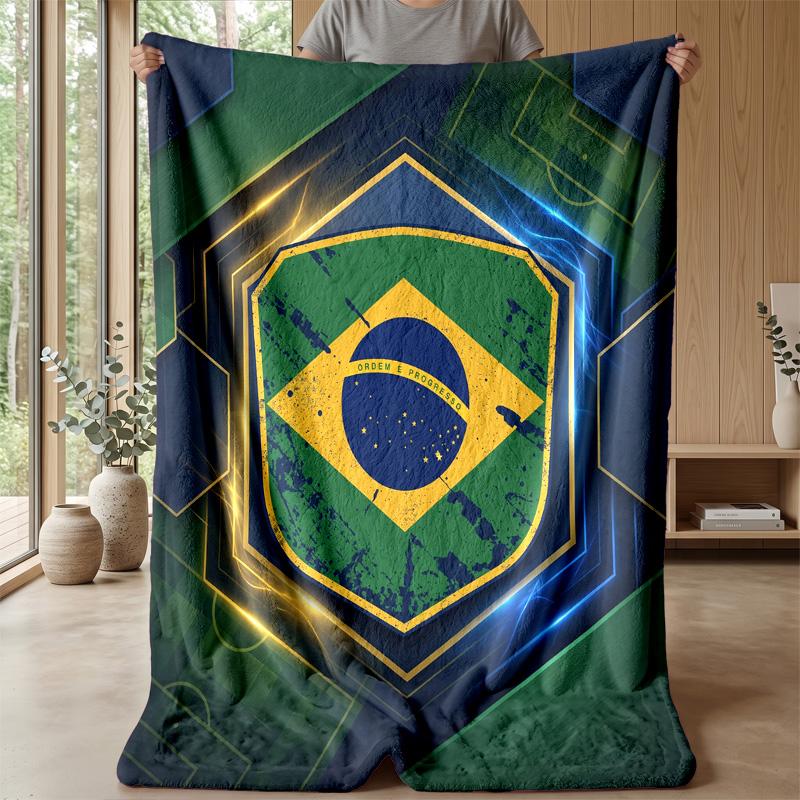 Brazil Football Printed Flannel Blanket Skin Friendly Warm Decorative Throw for Indoor Couch Bed Daily Use