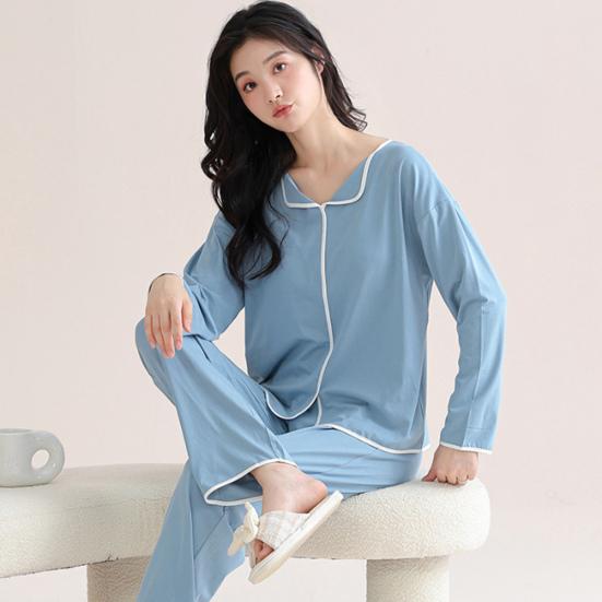 2 Pezzi/Set Pigiama da Donna con Imbottiture al Petto Maniche Lunghe Largo Tinta Unita