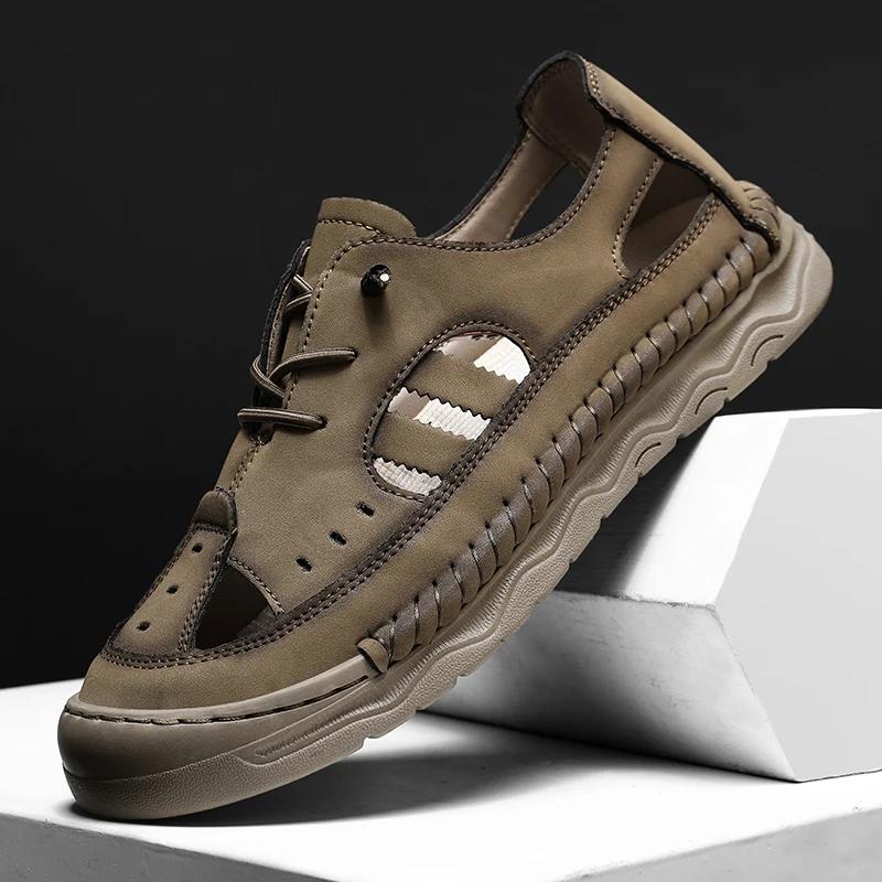Fashion Men Fashion Summer New Style Leather Sandals Toe Cap Outdoor Sports Hollow Leisure Beach Sandals Man Hand Sewn Thread Mesh Shoes