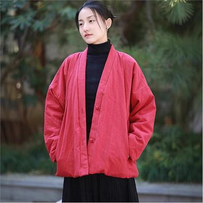 Women Vintage V-Neck Long Sleeve Winter Coats Solid Color Loose Warm Women Button Coats
