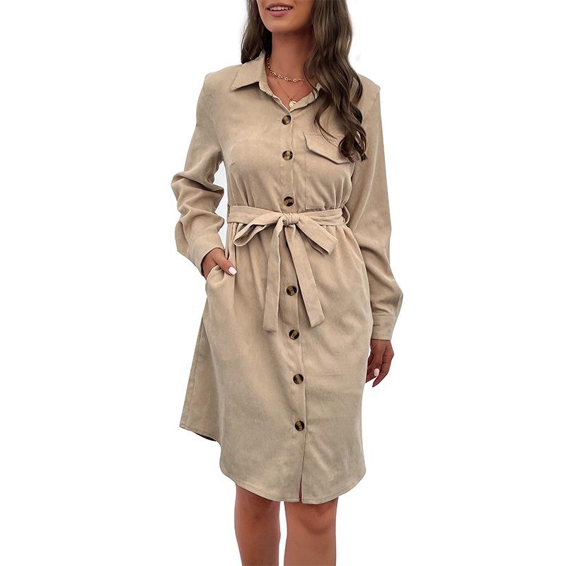 2025 Autumn/Winter Women's Solid Color Lace-Up Casual Shirt Dress
