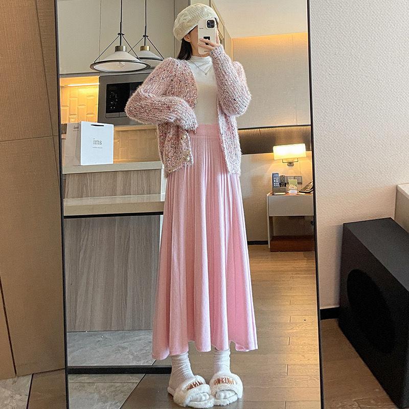 

Юбка средней длины для женщин, которые выглядят стройнее осенью и зимой, высокая талия, плиссированные, средней длины, свободная французская длинная юбка One Size розовый