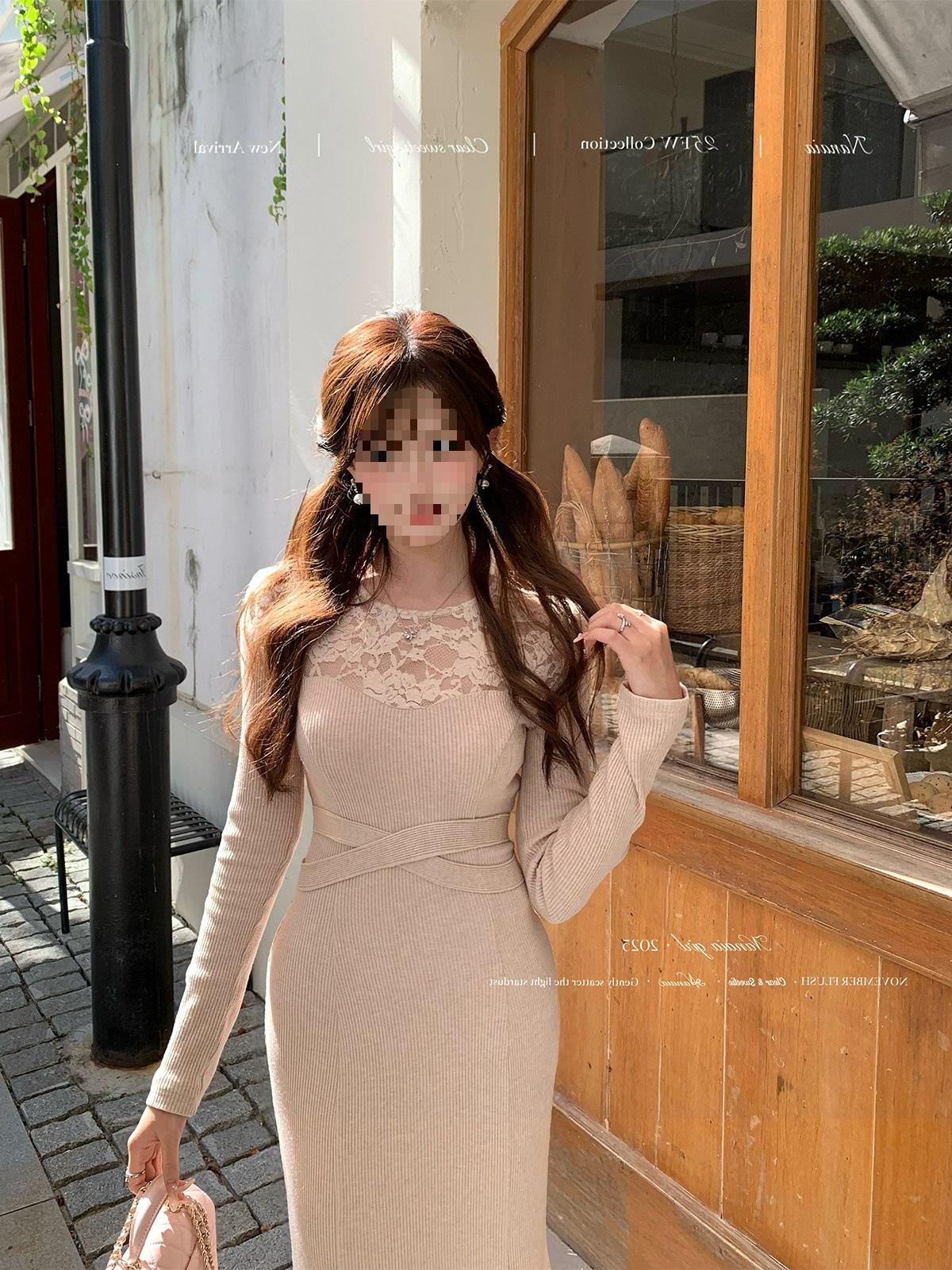Elegant Off-Shoulder Lace Knit Dress with Fishtail Skirt S