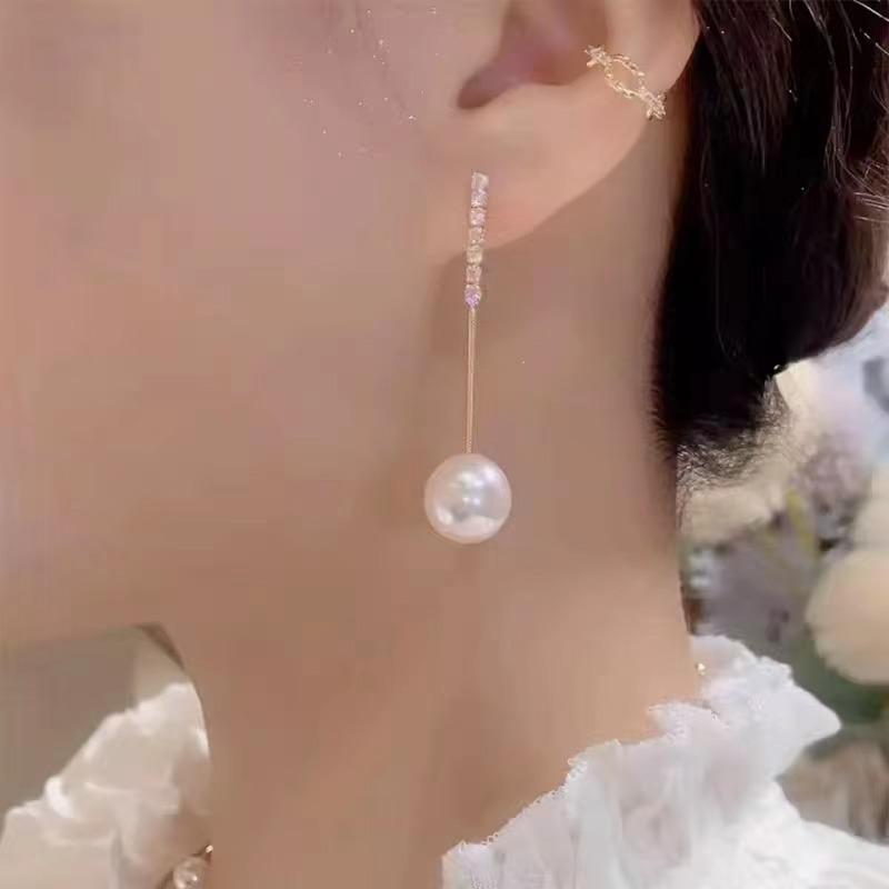 925 Silver Needle Long Fringed Pearl Earrings Trendy High-End Korean Version Stud Earrings Simple Temperament Show Face Thin Earrings