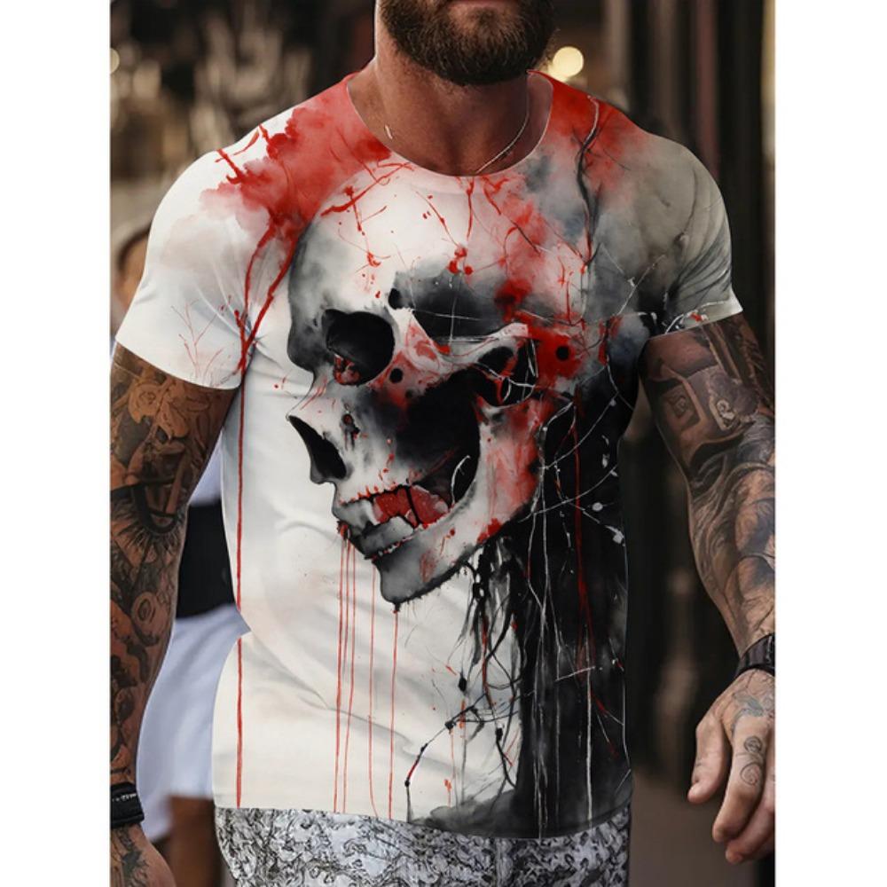 New Men's Fun Skull Pattern T Shirt Suit Mob Skull Print Short Sleeve Summer Casual Loose Round Neck T Shirt Breathable Top