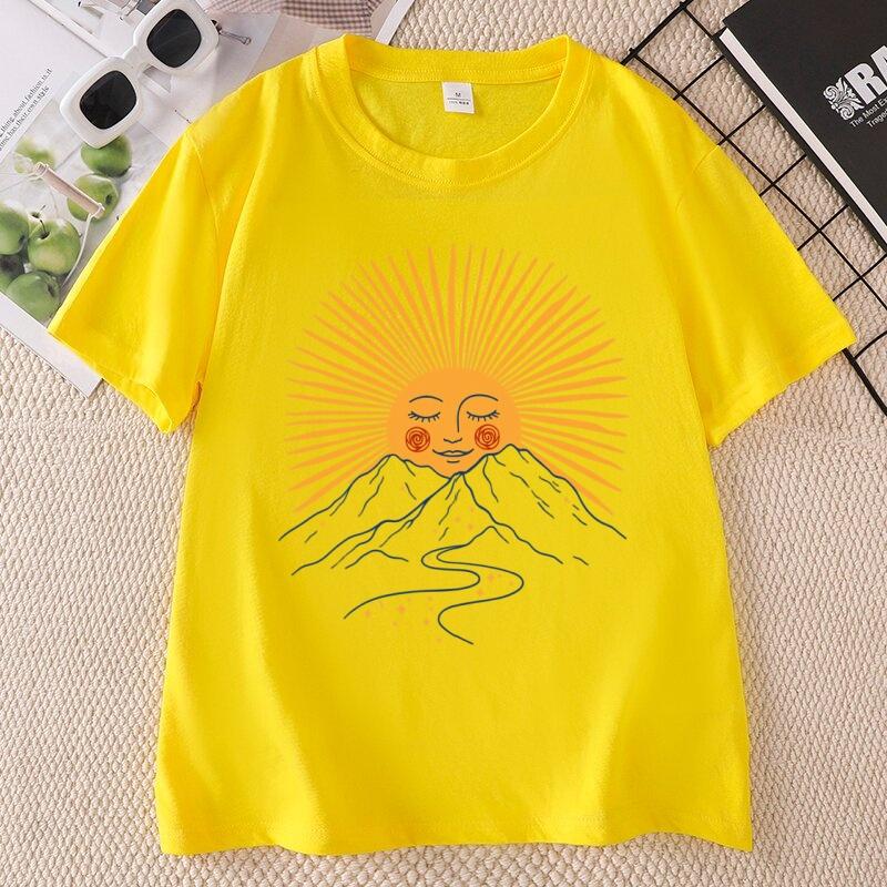 Boho Sun TShirt Comfortable Mountain Graphic Tee Casual Round Neck Celestial Nature Tee Boho Summer Hiking Tops Cotton Short