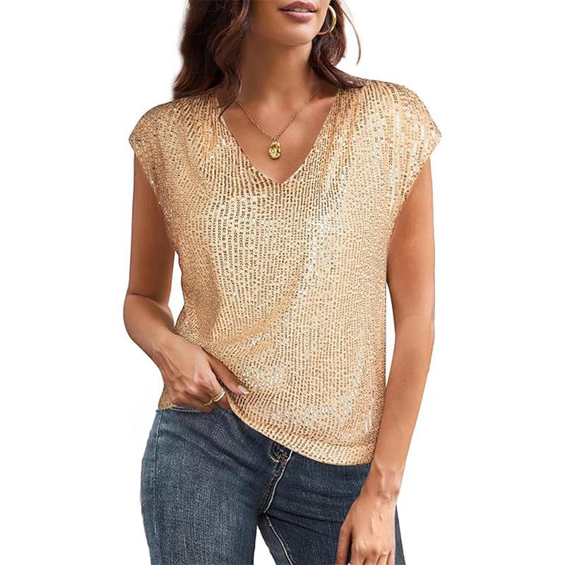 Sommer Damen Sexy V-Ausschnitt Pailletten Glanz Party Weste T-Shirt