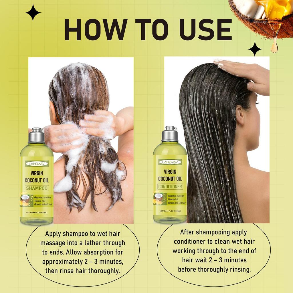 Virgin Coconut Oil Shampoo And Conditioner Set-Deeply Clean, Moisten, Smooth & Soft Hair-Suitable for all Hair Types, 300ml+300ml