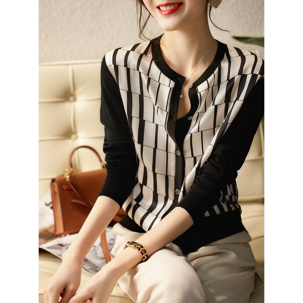 Black White Lattice O-Neck Spliced Cardigan Ice Silk Knitting Single Breasted Women's Clothing Office Lady Plaid Slim Sweaters