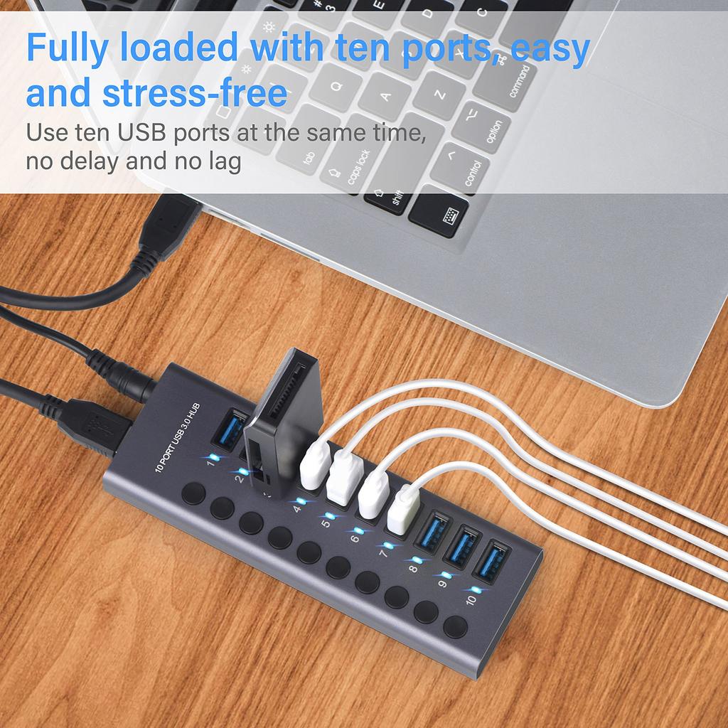 985A 10 Port USB 3.0 Hub USB Splitter Hub USB Docking Station 300MB S High Speed Transmit with Individual Switches 12V